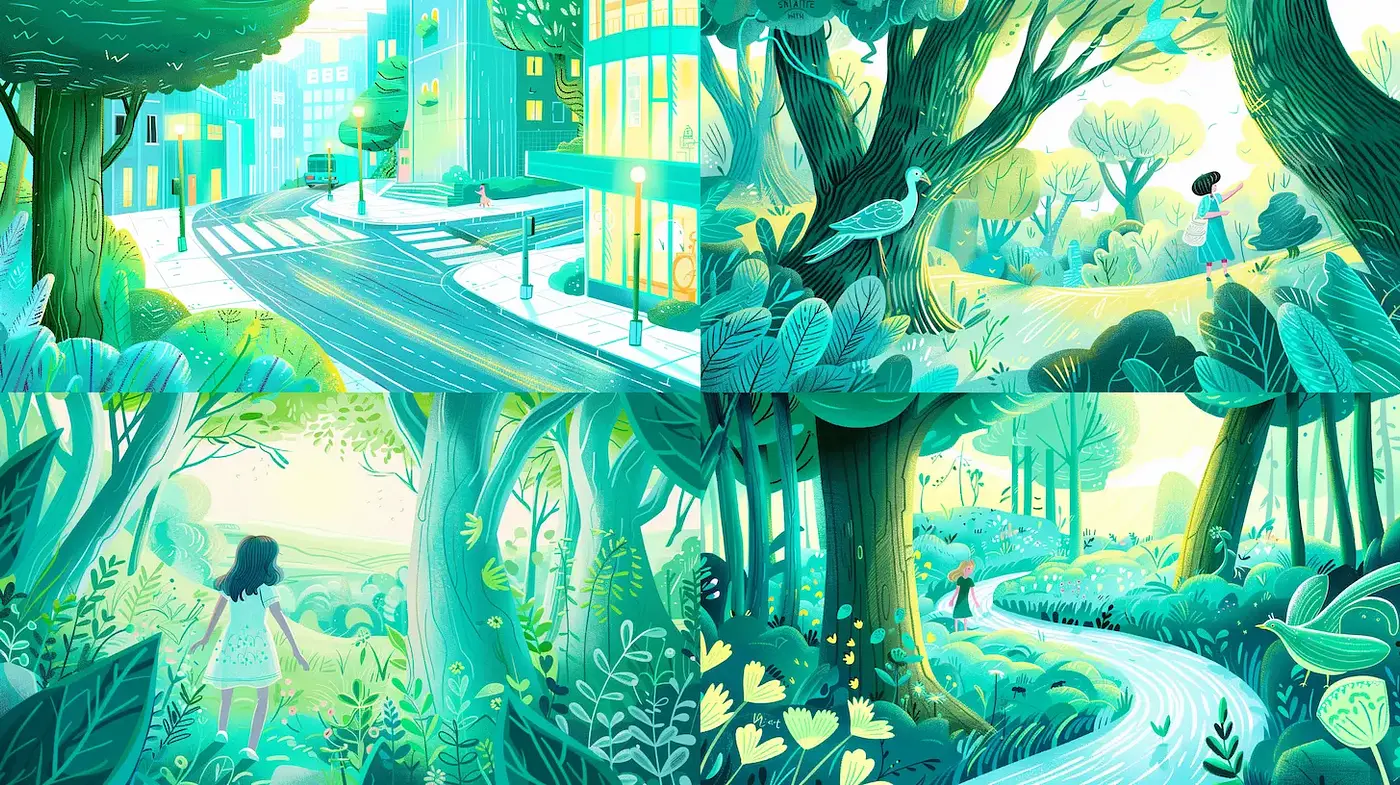 Whimsical and Lush Nature-Inspired Illustrations with Serenity - Midjourney sref style