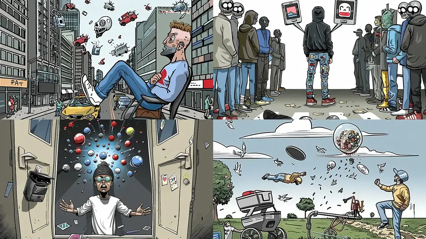 Contemporary Comic Style with Surreal Elements and Urban Themes - Midjourney sref style