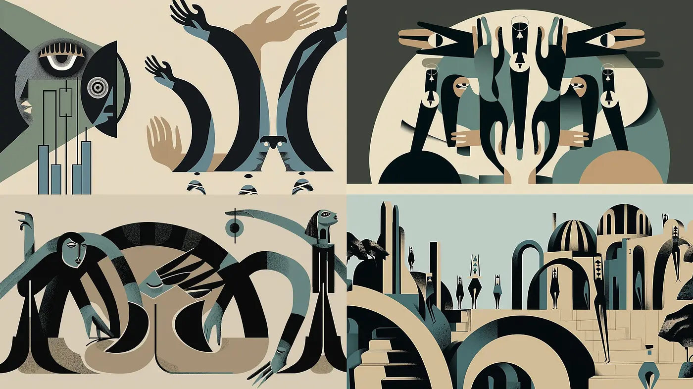 Surreal Symmetry: A Fusion of Geometric Forms and Dreamlike Figurative Elements - Midjourney sref style
