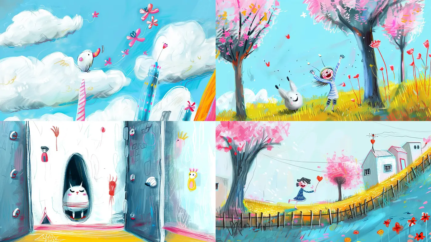 Whimsical Brushstrokes and Pastel Dreams: A Homage to Childhood Innocence and Imagination - Midjourney sref style