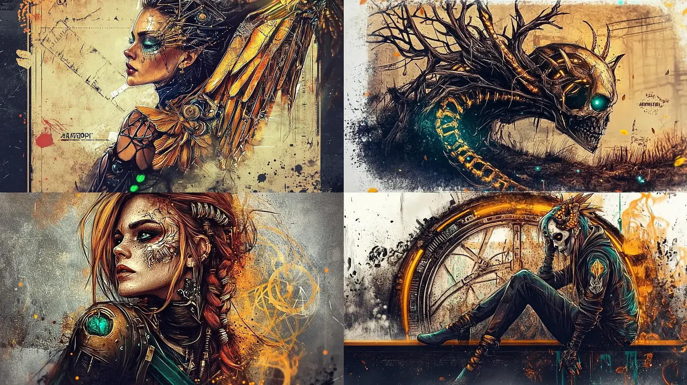 Rustic Mechanica: A Fusion of Steampunk and Organic Textures - Midjourney sref style