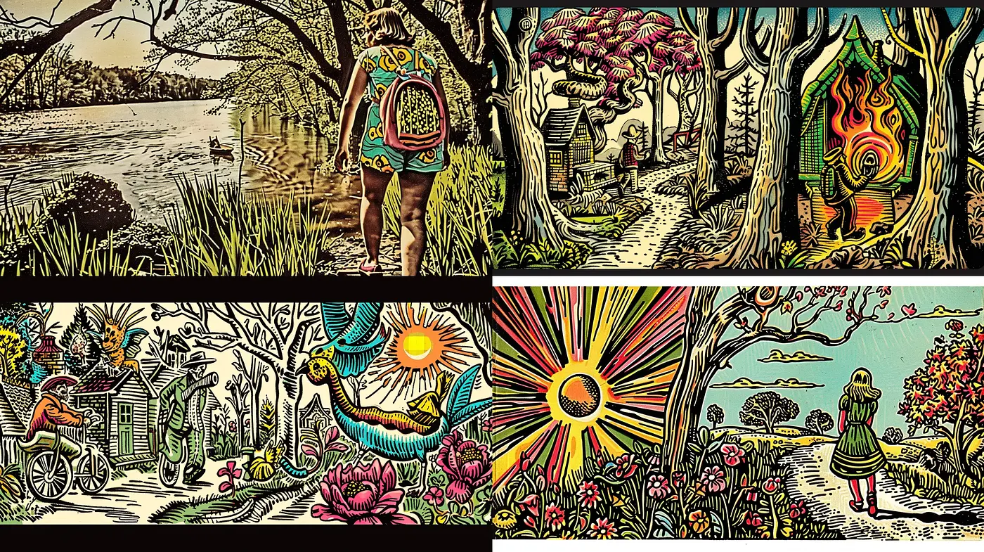 Psychedelic Nature Reverie with Vibrant Textures and Retro Patterns - Midjourney sref style