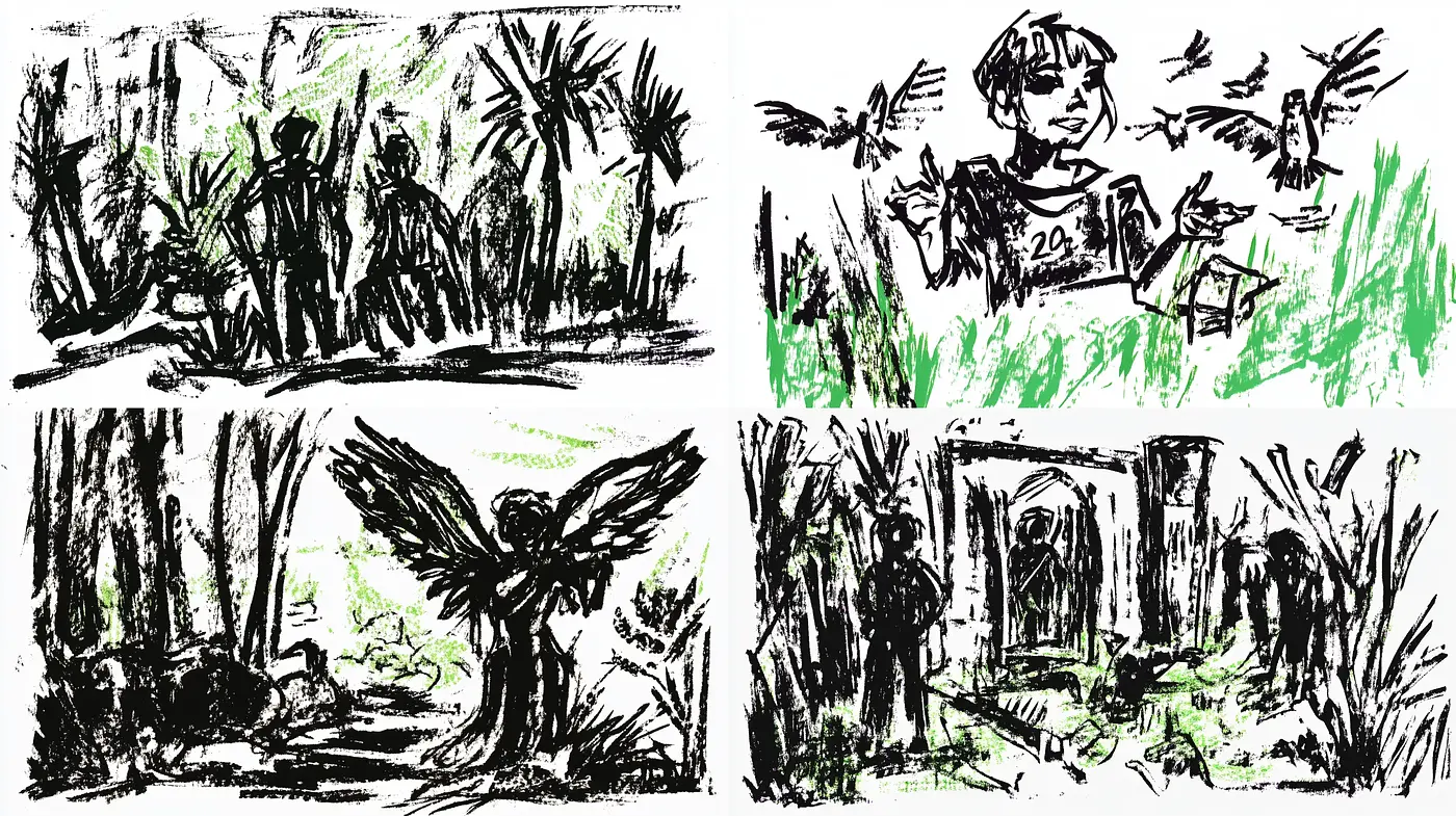 Energetic Sketchbook Exploration in Monochrome Green - Midjourney sref style