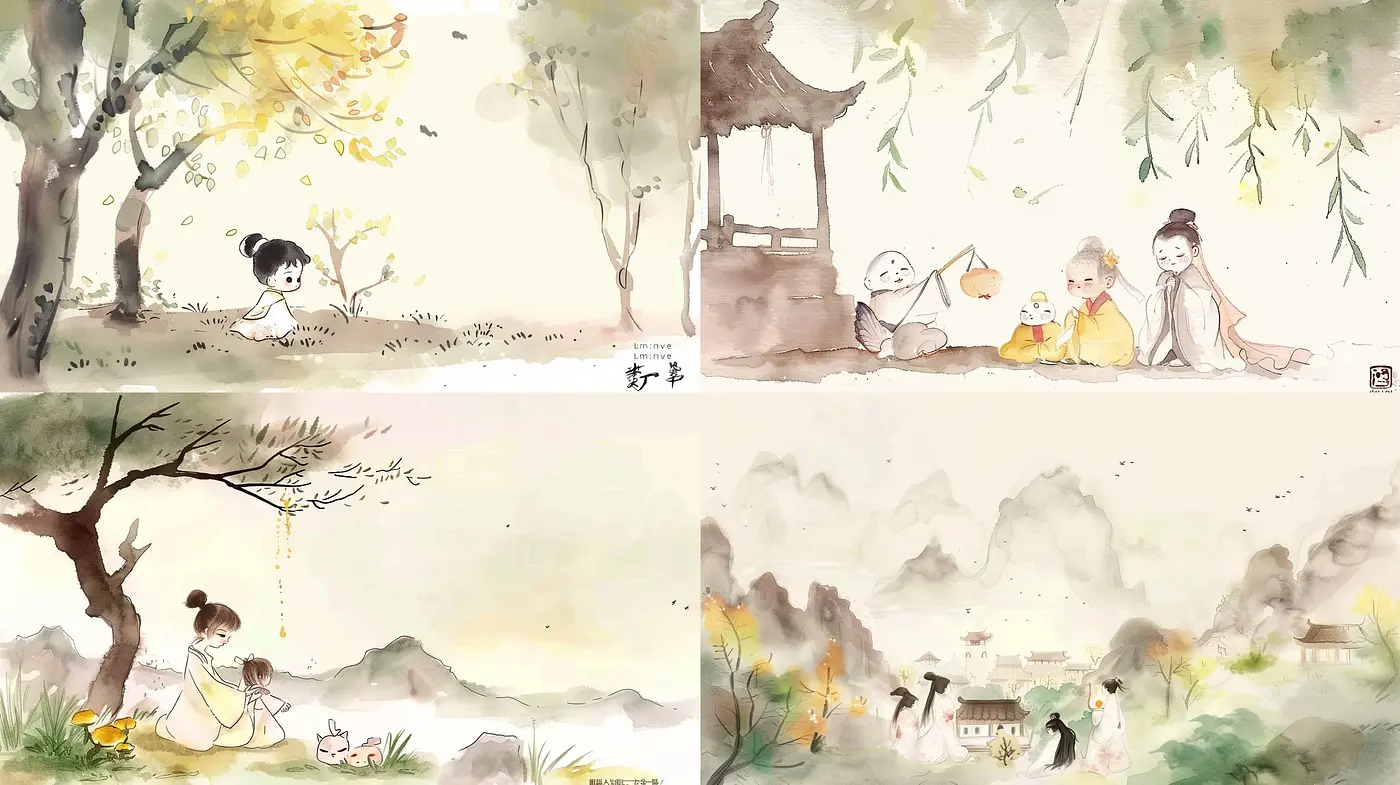 Transcendent Whispers of a Bygone Elegance: A Serene and Timeless Watercolor Panorama - Midjourney sref style