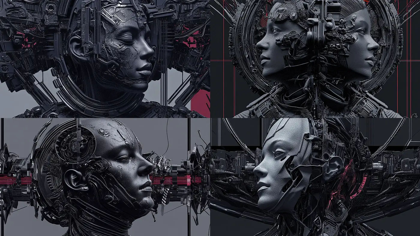 Mechanical Fusion Portraits with Monochromatic Harmony - Midjourney sref style