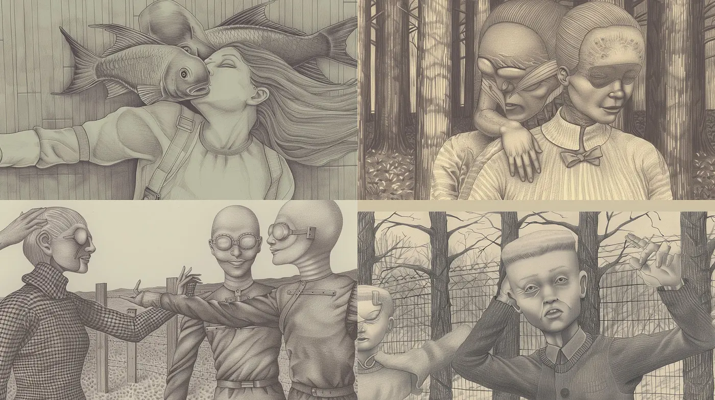 Surreal Monochromatic Fusion Blending Retro and Fantastical Elements - Midjourney sref style