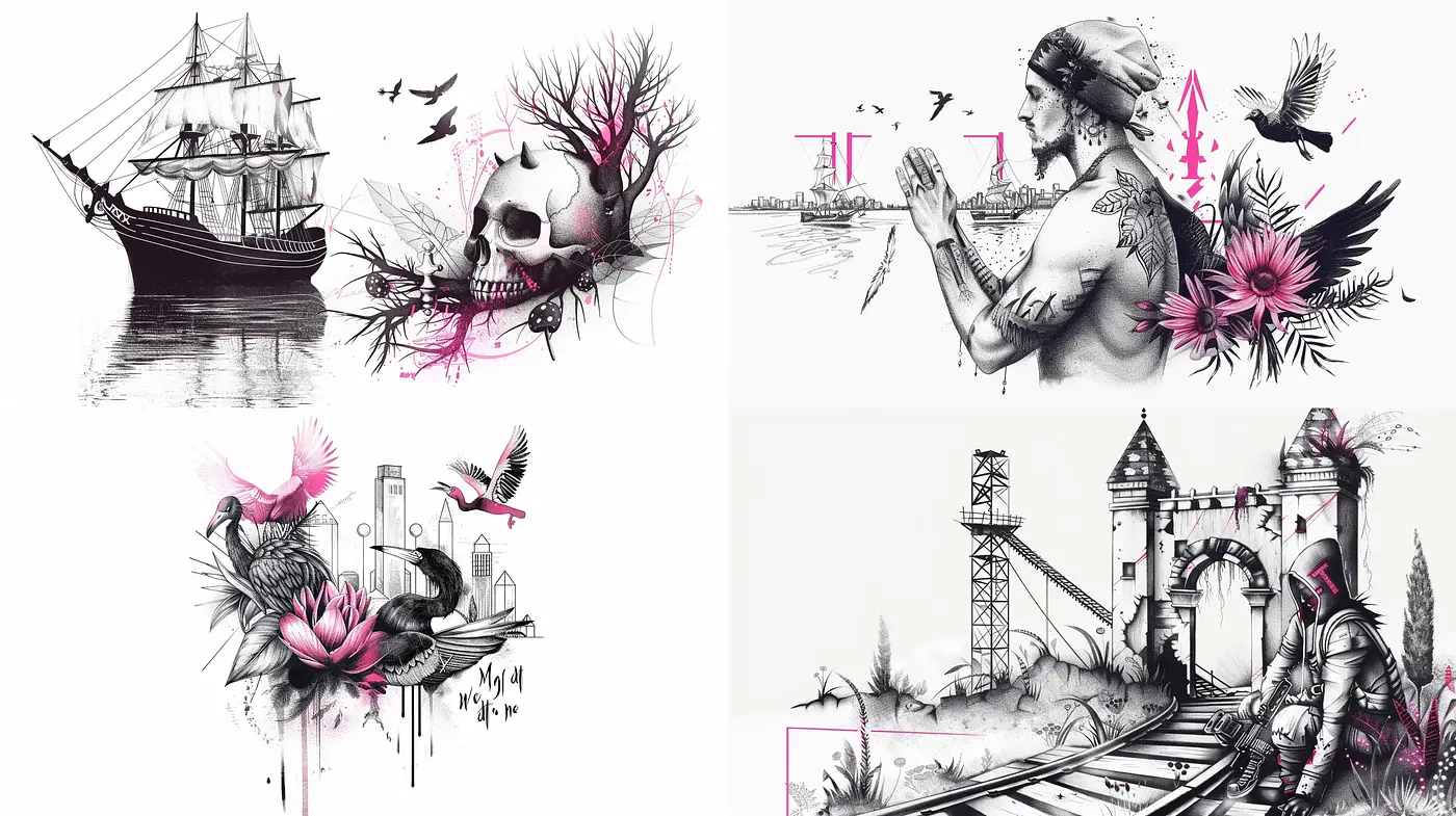 Inkspired Monochrome with Vivid Accents: A Convergence of Sketch and Surrealism - Midjourney sref style
