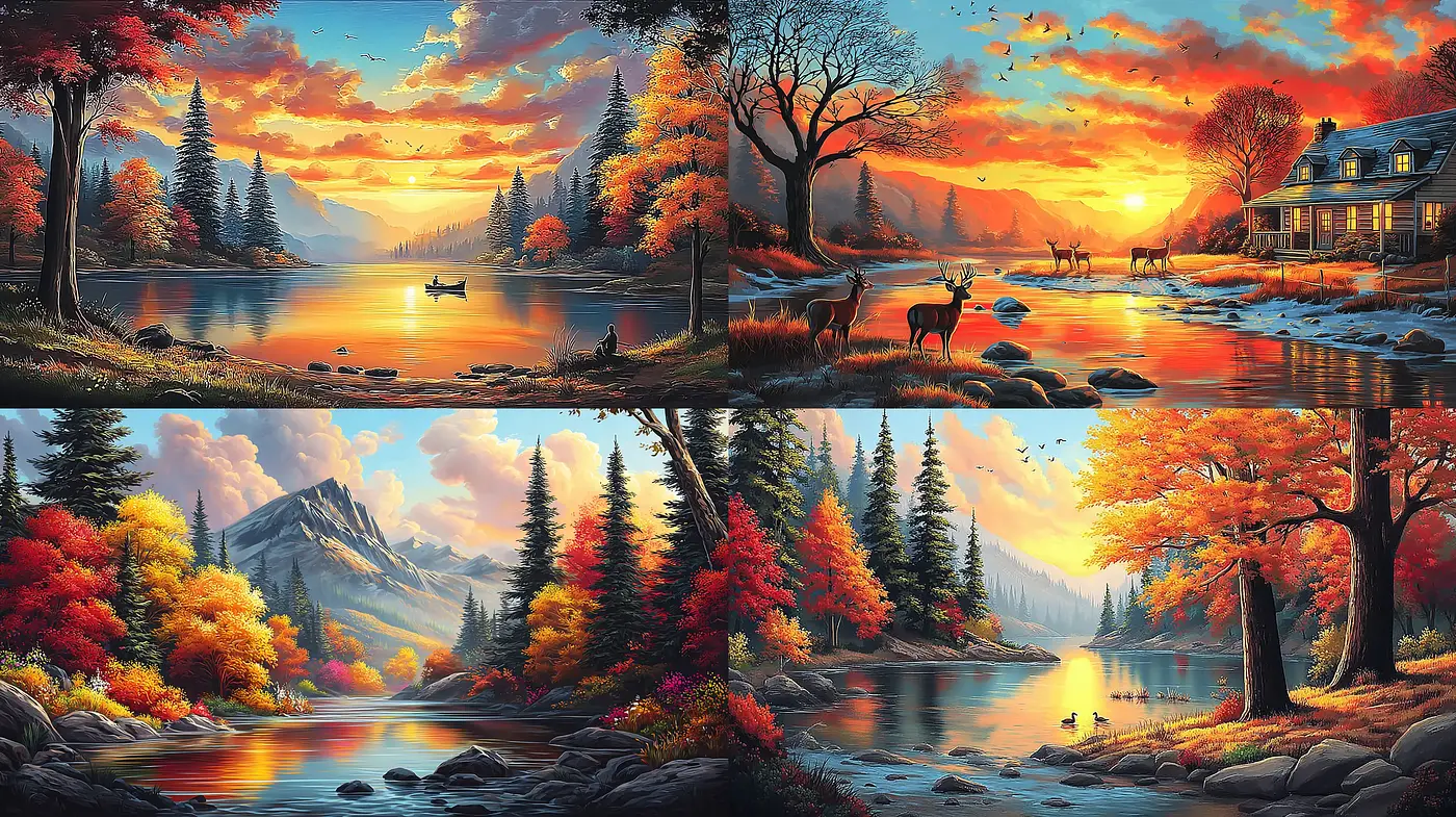 Vibrant Autumn Landscapes with Harmonious Natural Elements - Midjourney sref style