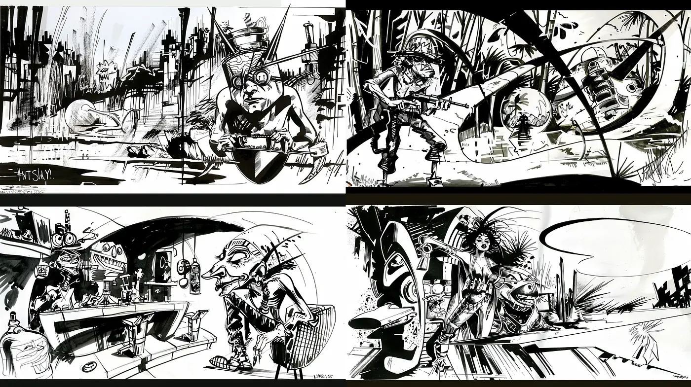 Dynamic Monochromatic Brushwork Visions - Midjourney sref style