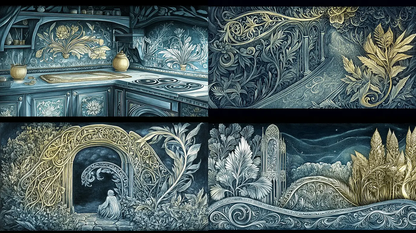Enigmatic Nocturnal Etchings: A Tribute to Art Nouveau's Lush Botanical Imagery and Gold-Infused Nightscapes - Midjourney sref style