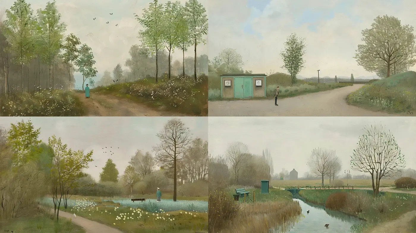 Tranquil Pastoral Scenes with Subdued Earthy Tones - Midjourney sref style
