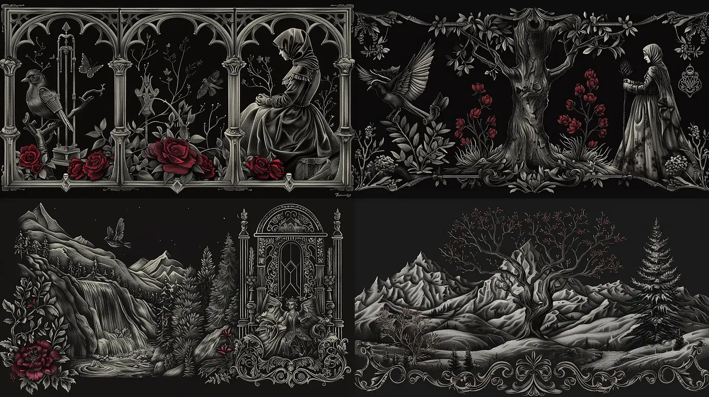 Gothic Tapestry of Monochromatic Enchantment - Midjourney sref style