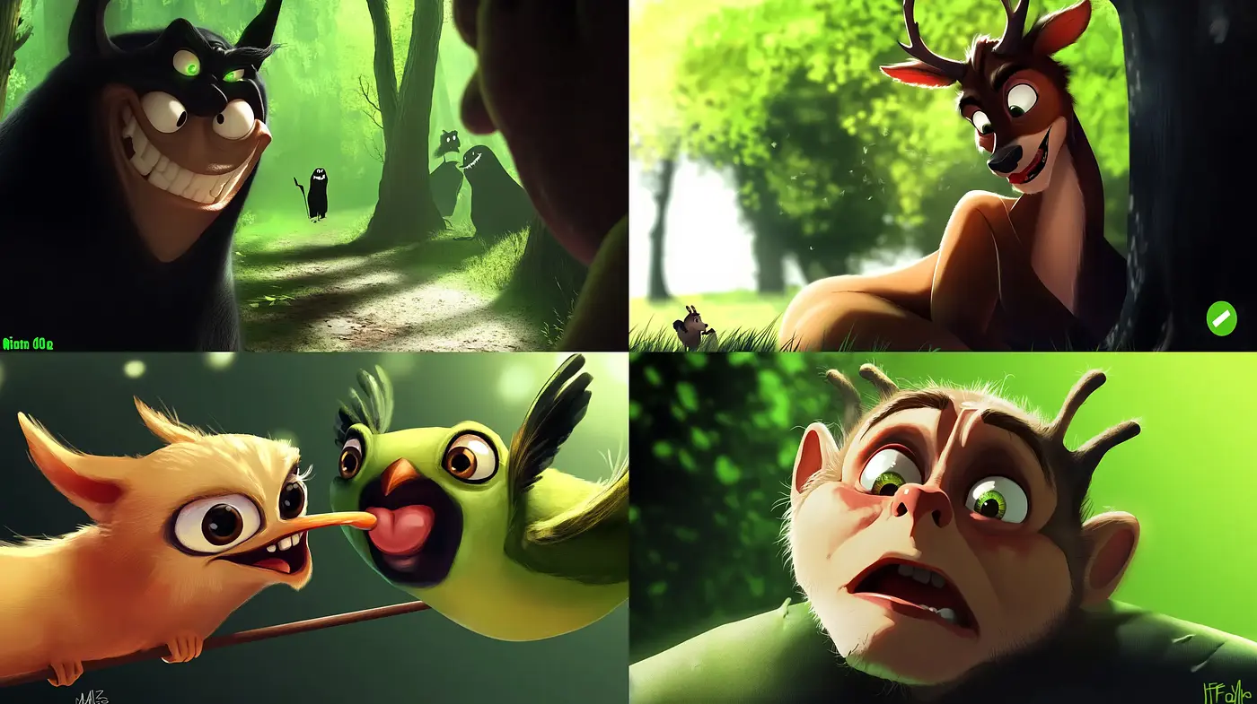 Vibrant Animated Wilderness: A Blend of Playful Cartoon Characteristics and Lush Scenery - Midjourney sref style