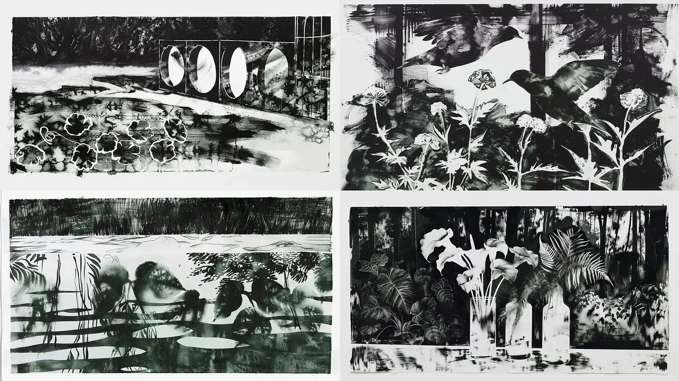 Monochrome Botanical Dreamscapes with Surrealist Overtones - Midjourney sref style