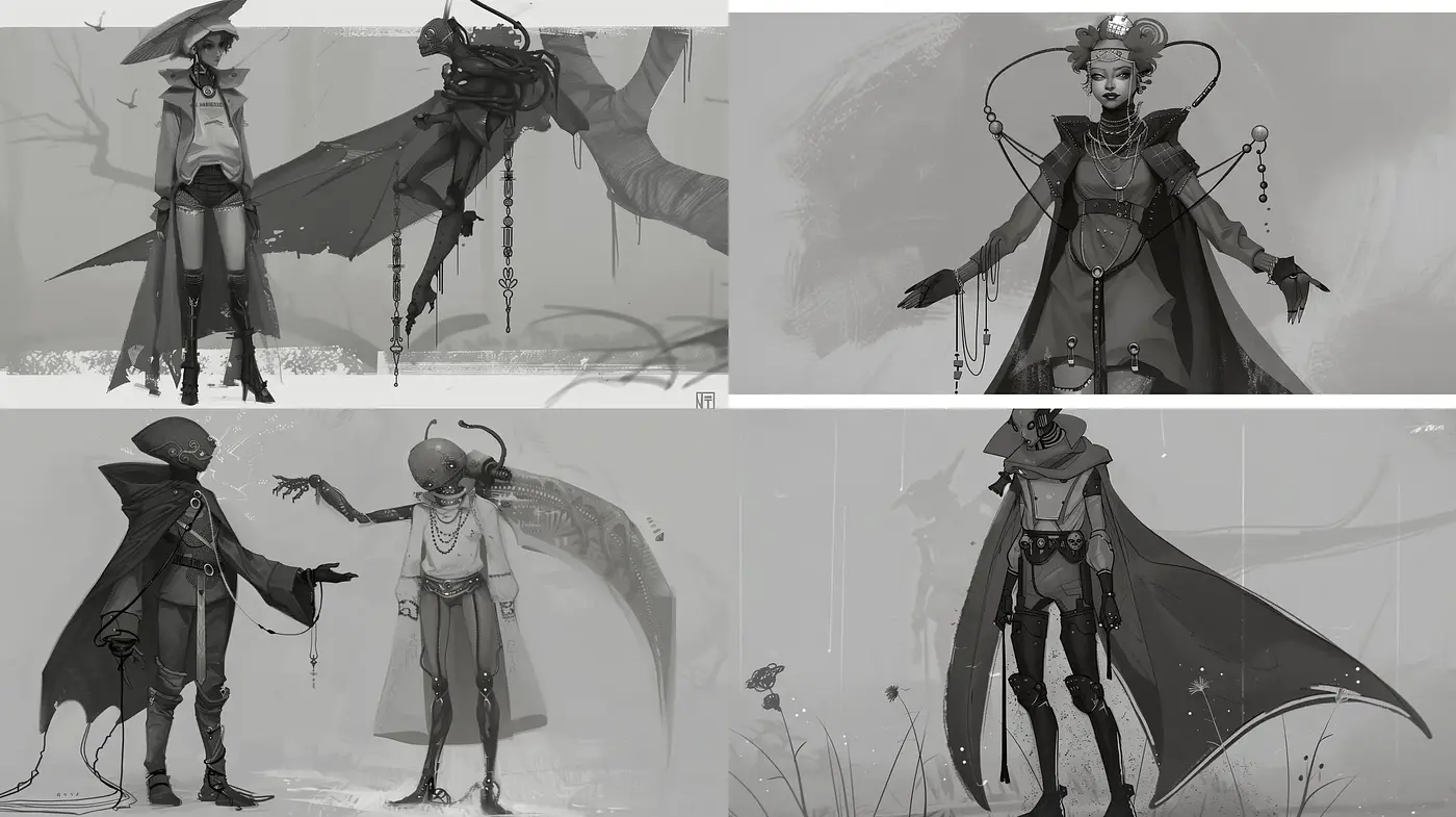 Monochromatic Fantasia: Shades of Gray in a Surrealist Dreamscape - Midjourney sref style