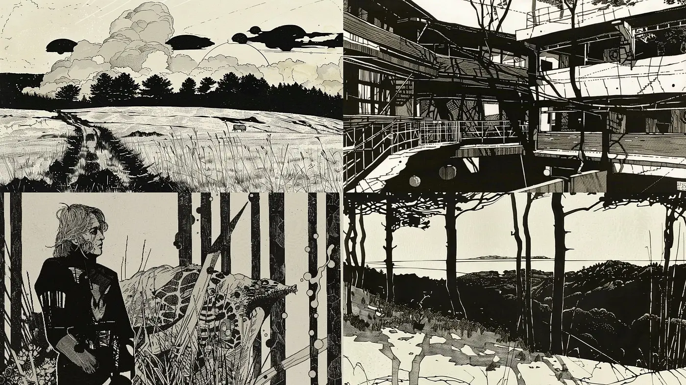 Monochrome Graphic Novel Elegance with Surreal Overtones - Midjourney sref style