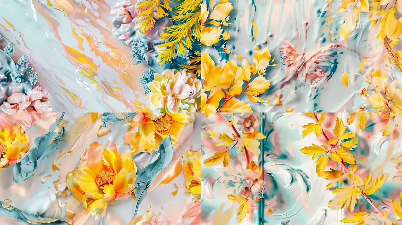 Fluid Floral Abstraction with Pastel Hues and Delicate Textures - Midjourney sref style