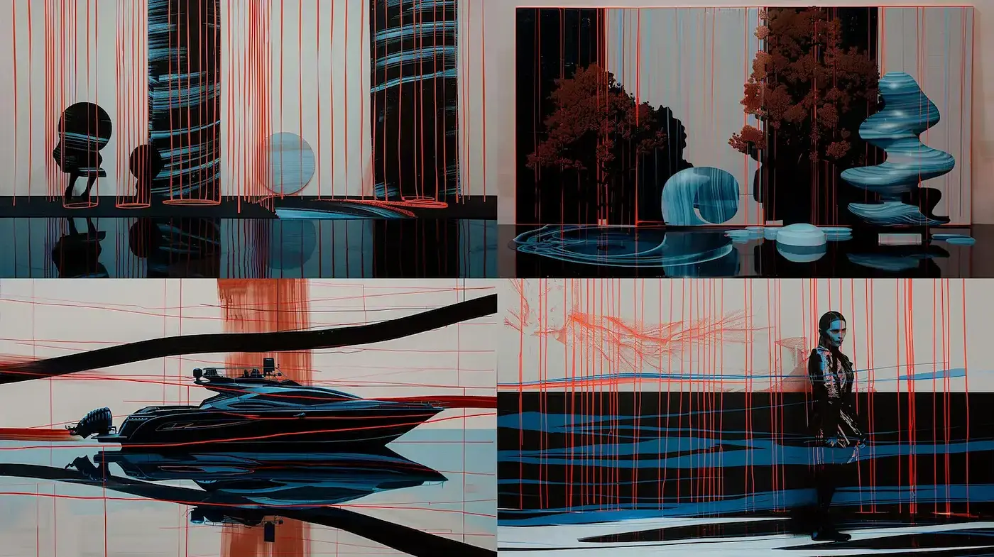 Cohesive Modern Visuals with Abstract Linework and Contrasting Hues - Midjourney sref style