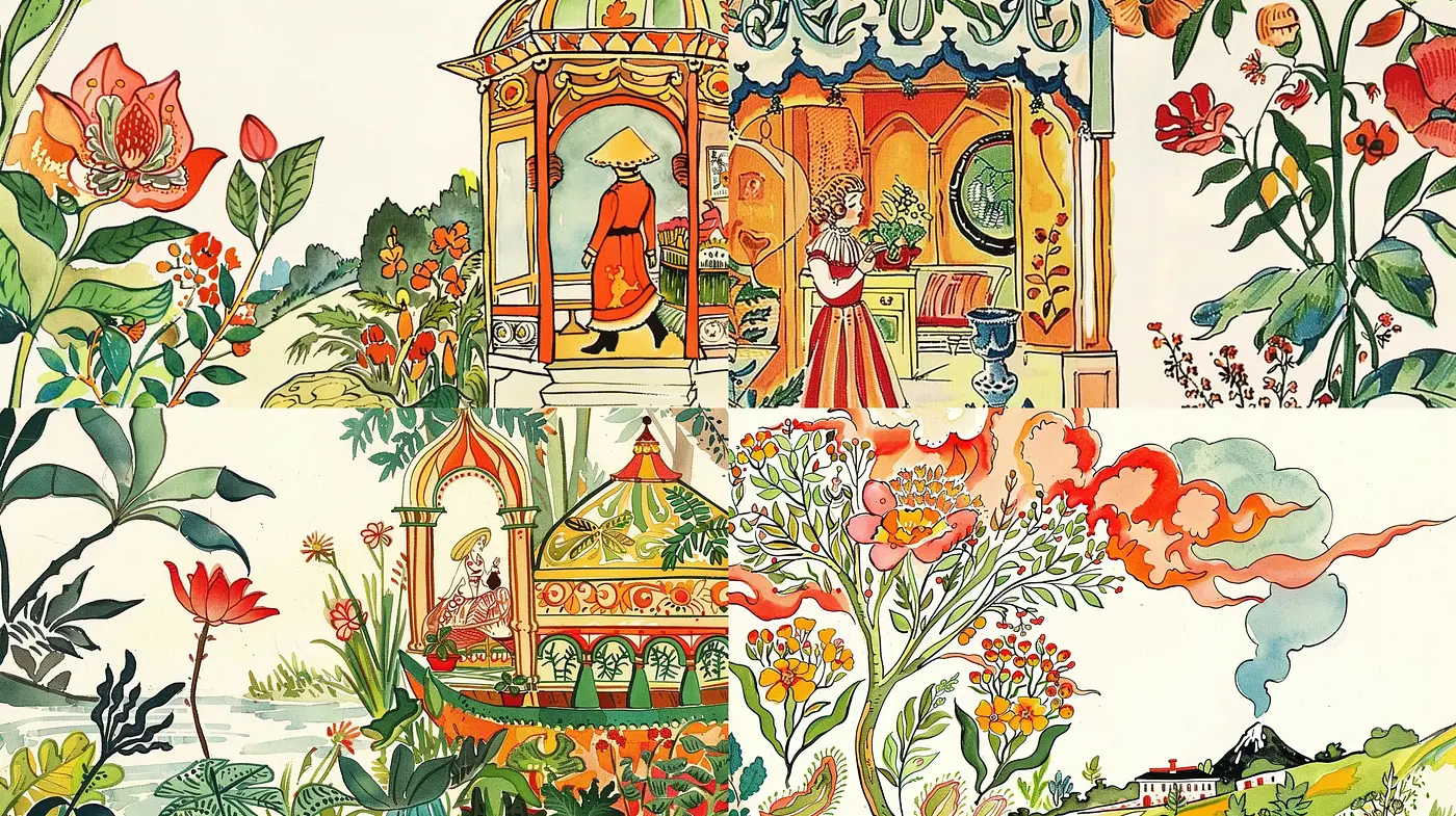 Whimsical Folkloric Fusion with a Pastoral Elegance - Midjourney sref style