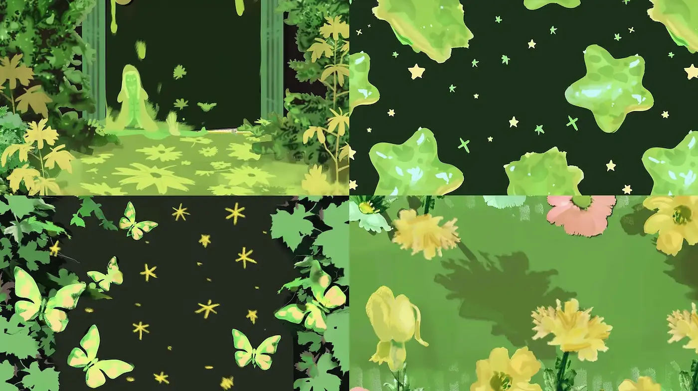 Lush and Whimsical Greenery with Playful Pop Elements - Midjourney sref style