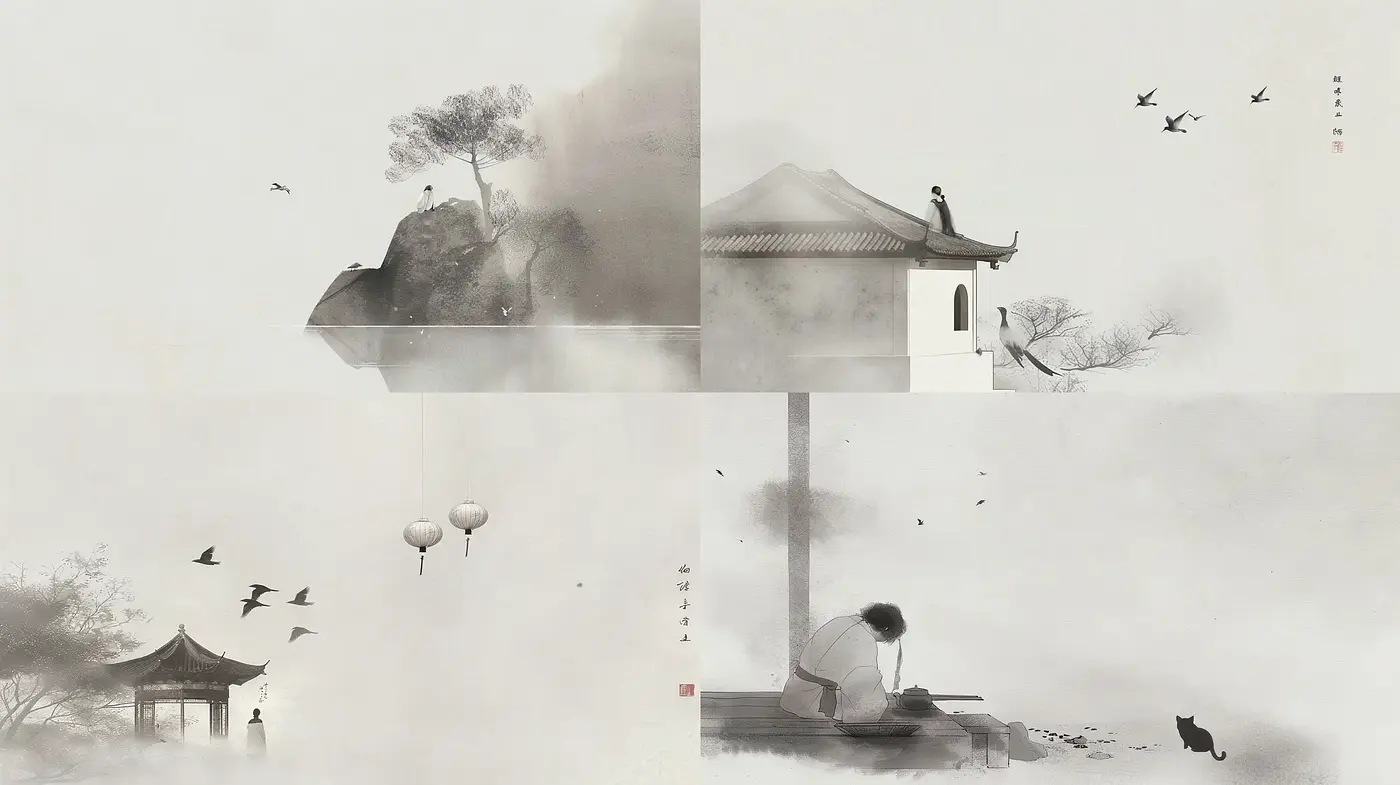 Ethereal Monochrome Brushwork: A Contemporary Interpretation of Traditional East Asian Ink Wash Paintings - Midjourney sref style
