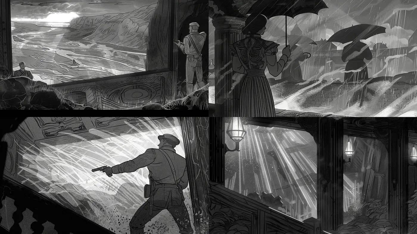 Monochromatic Narrative: A Vivid Exploration of Mood and Texture Within a Noir-Inspired Aesthetic - Midjourney sref style