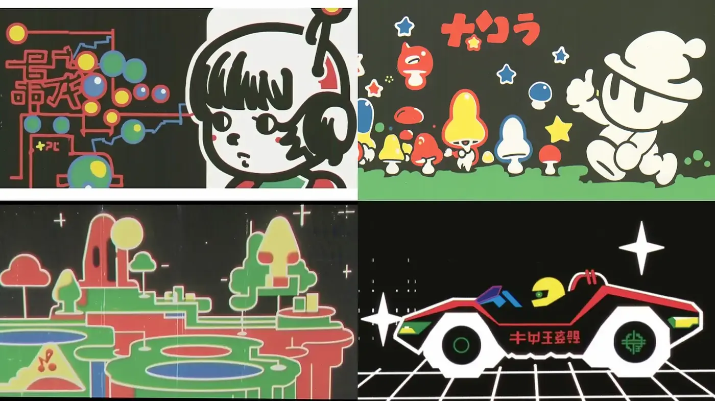 Vibrant Retro Futurism with Playful Character Design and Whimsical Landscapes - Midjourney sref style