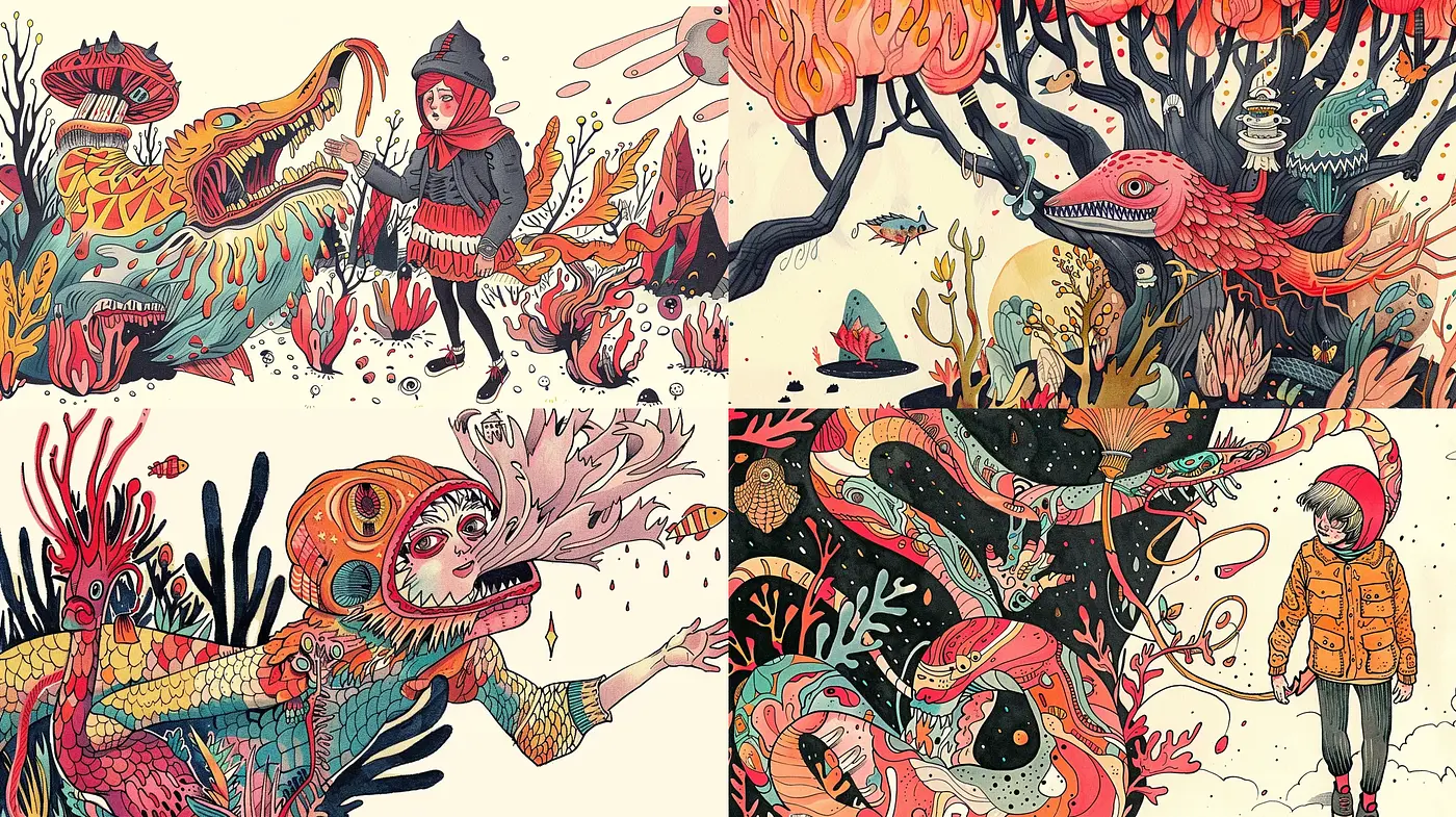 Whimsical Fantasy Illustration with Vivid Detailing and Storybook Aesthetics - Midjourney sref style