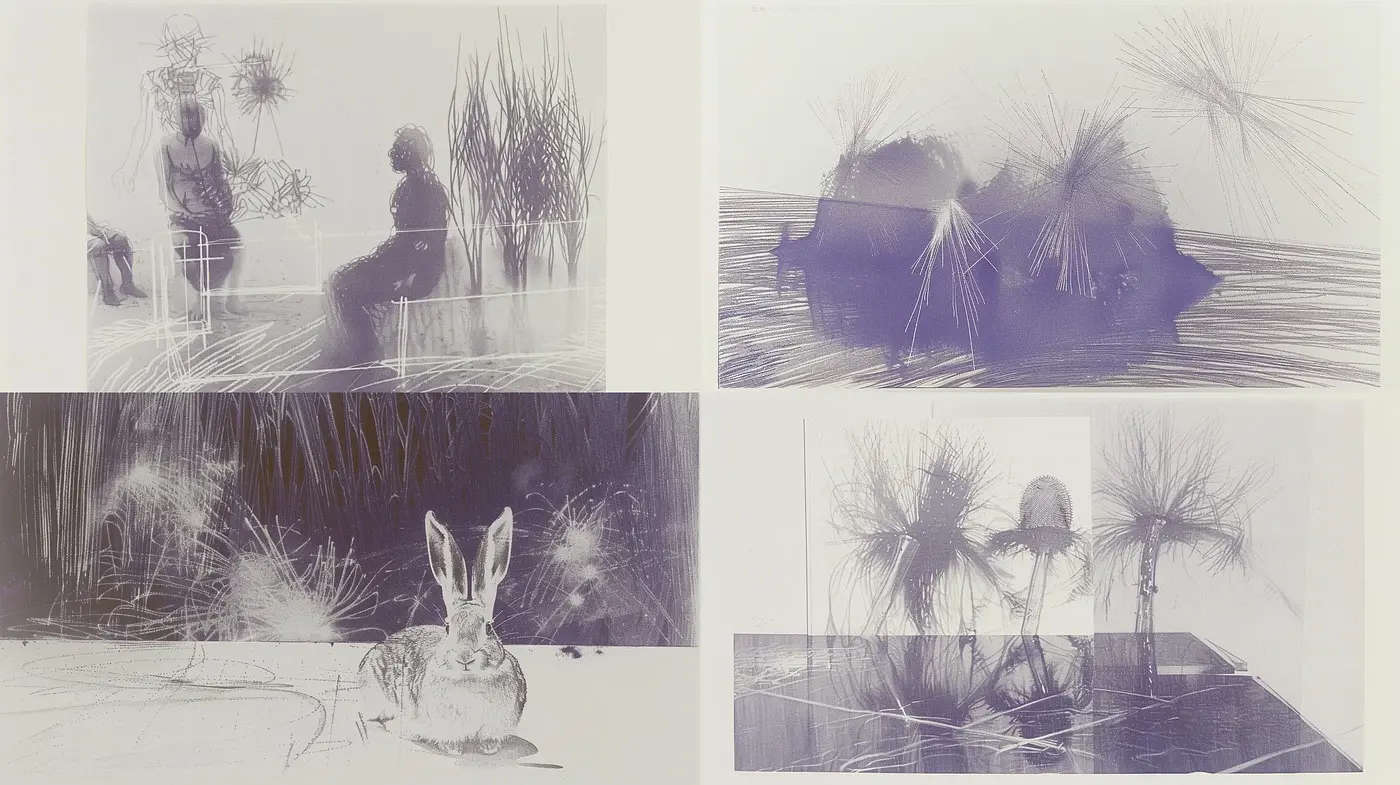 Ethereal Monochrome Sketches with Streaked Textures and Abstract Forms - Midjourney sref style