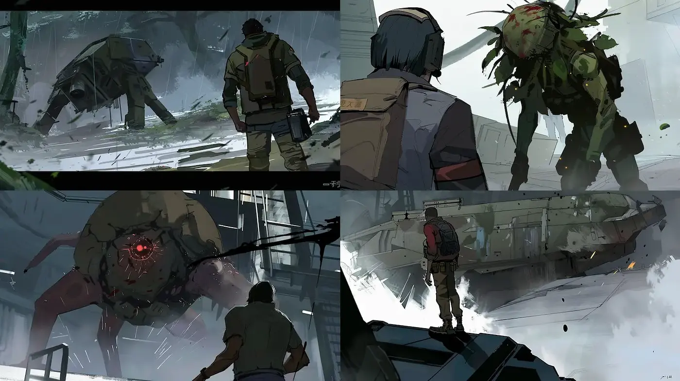 Dynamic and moody post-apocalyptic digital art with organic and mechanical elements - Midjourney sref style