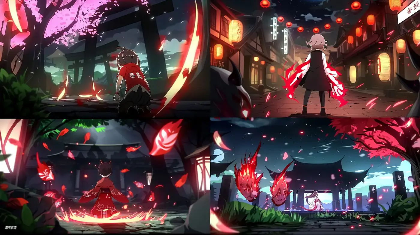 Dynamic and Ethereal Elements in a Stylized Anime Environment - Midjourney sref style