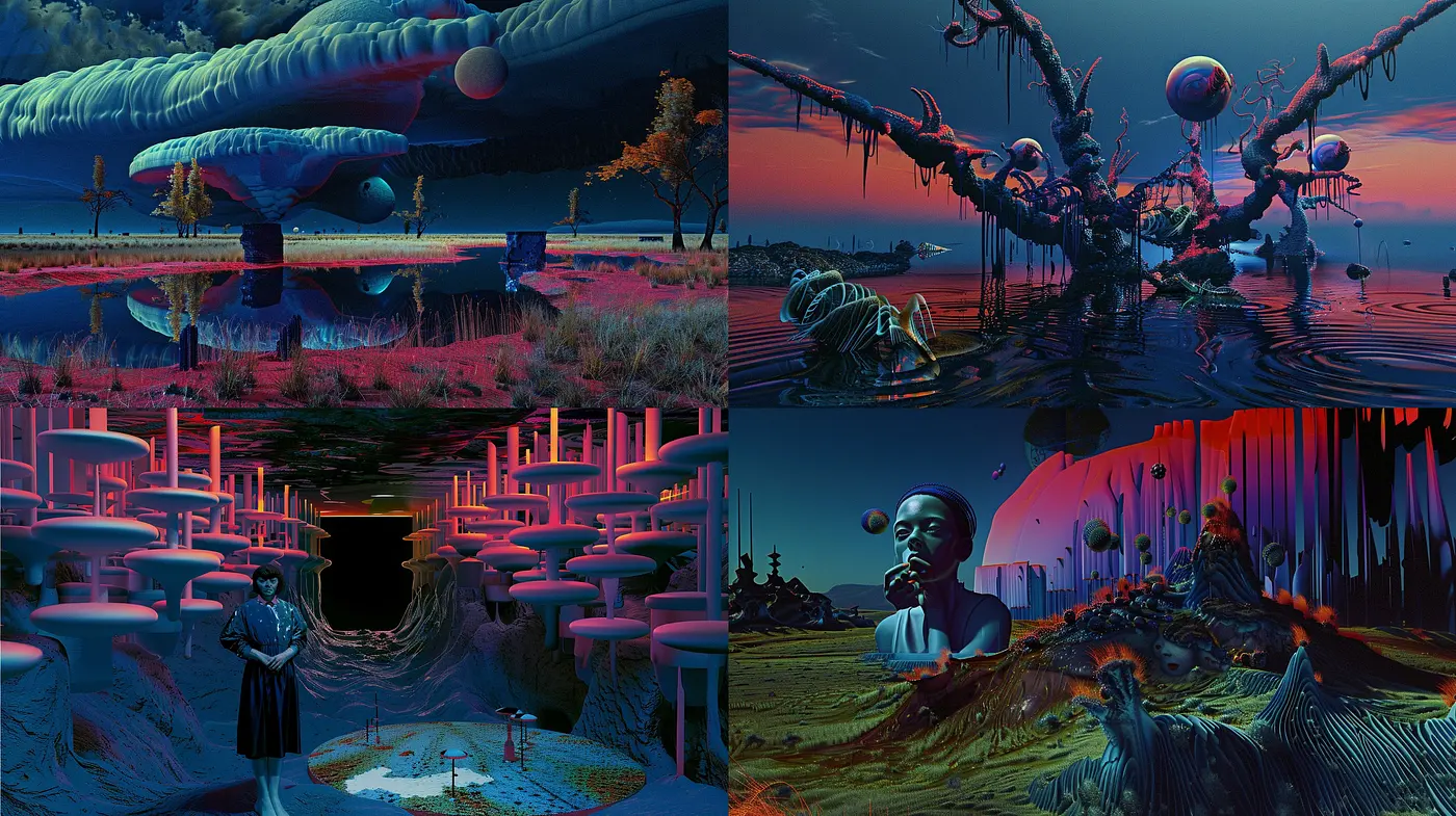 Ethereal Nocturnal Dreamscape: A Synthesis of Surrealism and Digital Abstraction in Deep Blues and Purples - Midjourney sref style