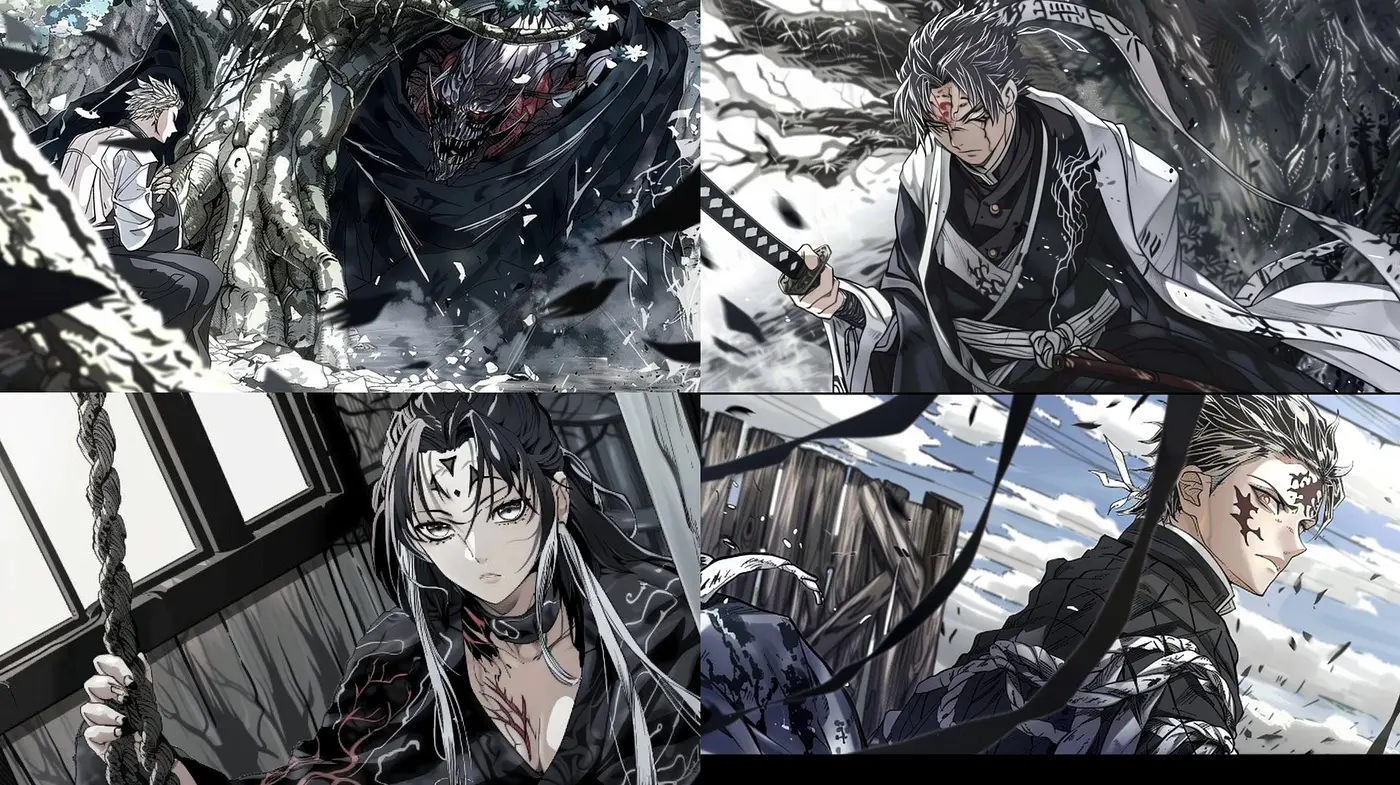 Ethereal Monochrome Dreams: A Fusion of Ink-Washed Anime and Graphic Novel Aesthetics - Midjourney sref style