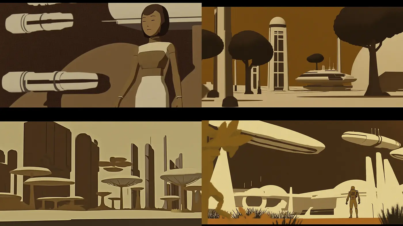 Monochromatic Futuristic Vignettes in Sepia Tones - Midjourney sref style