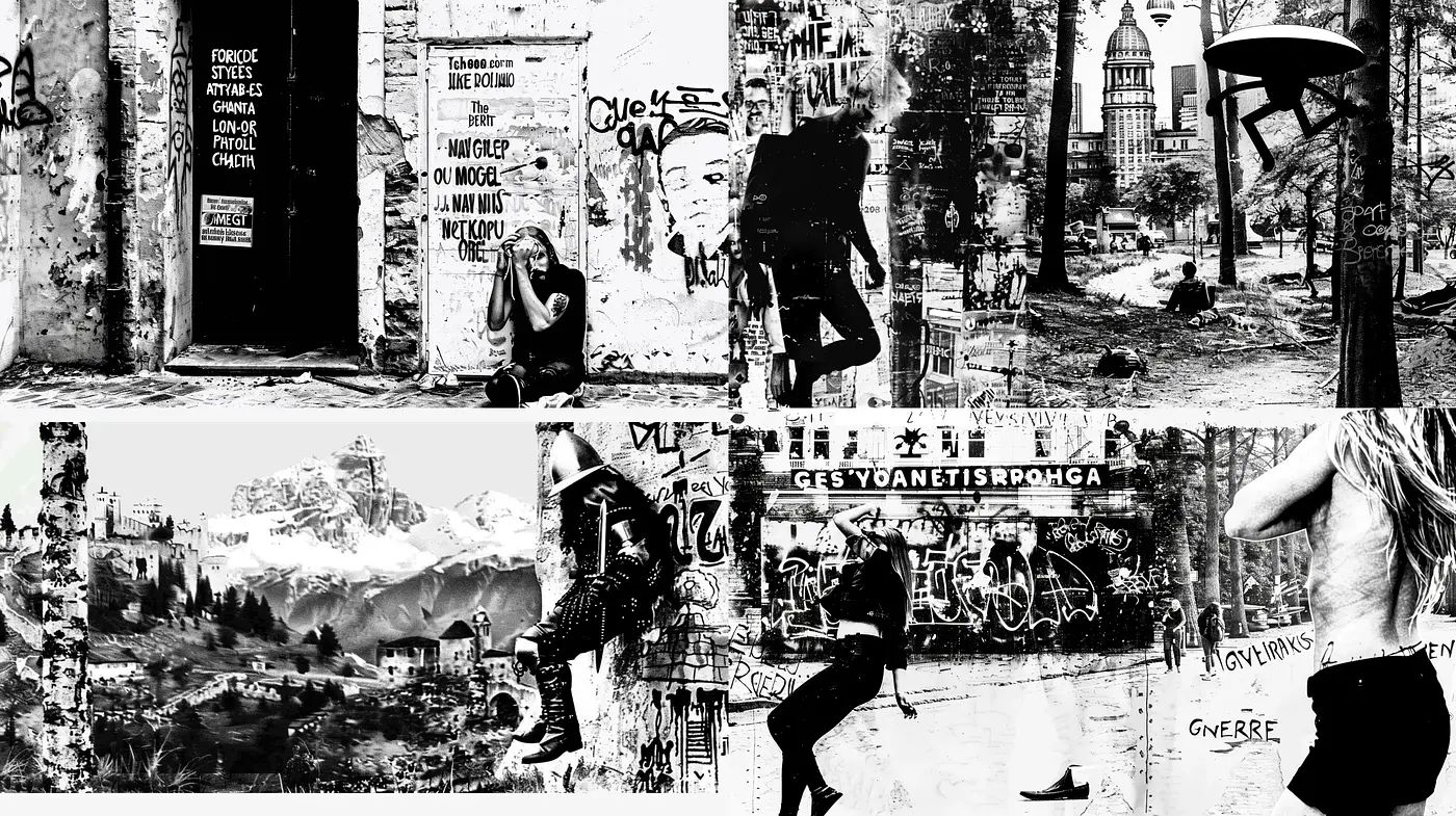 Monochromatic Urban Decay and Street Art Fusion - Midjourney sref style