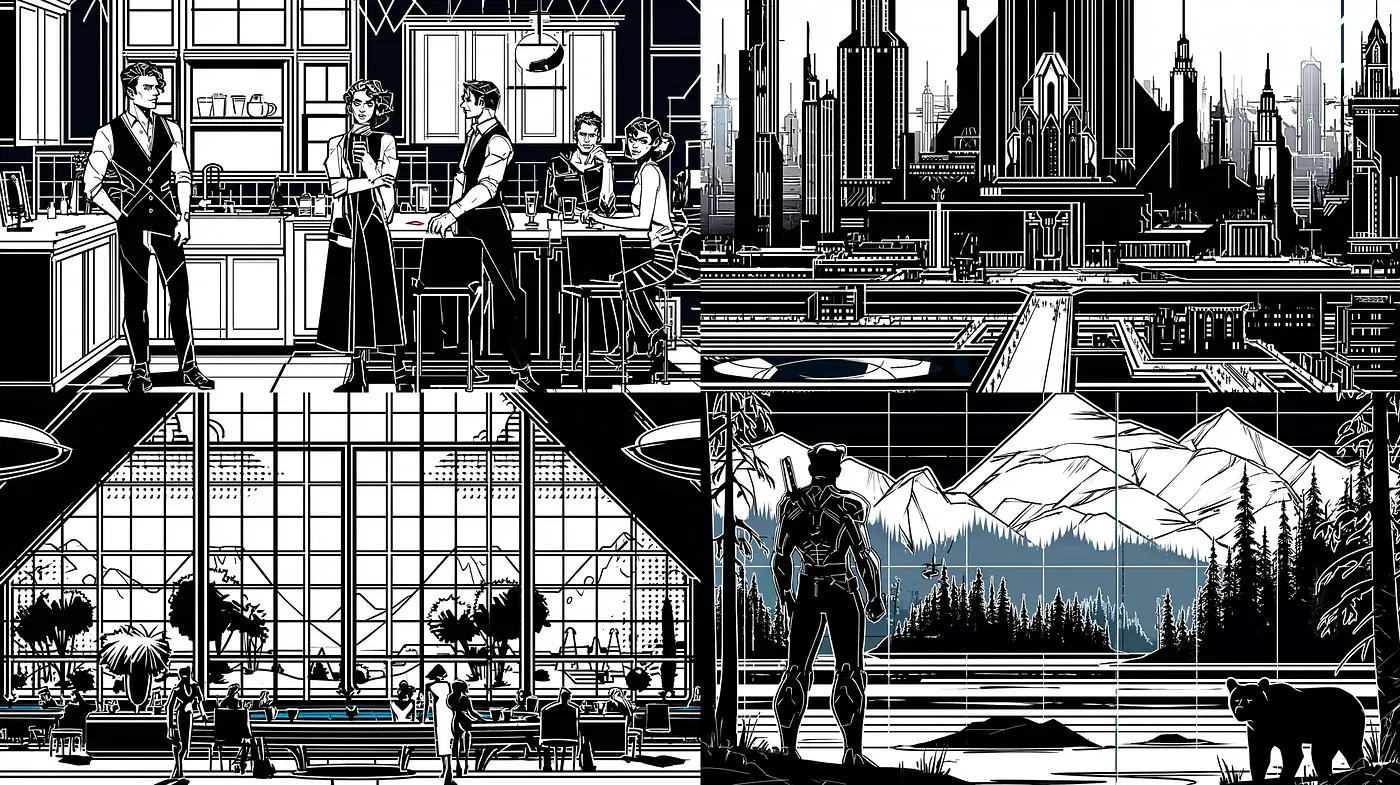 Futuristic Black and White Urban Landscapes with Stylized Character Design - Midjourney sref style