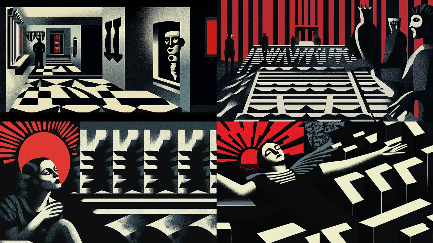 Geometric Shadows and Red Accents: A Surrealist Homage in Art Deco Elegance - Midjourney sref style