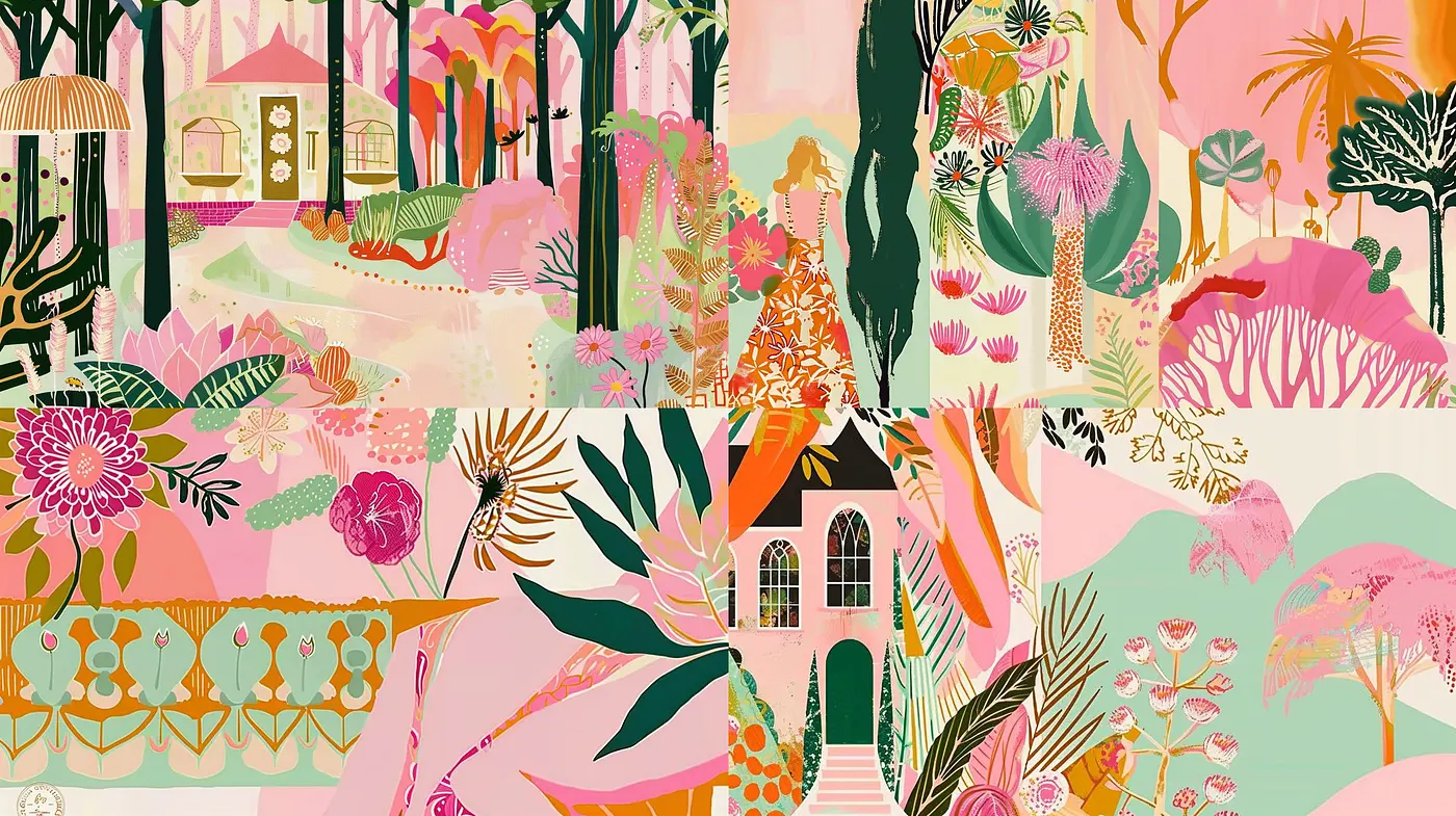 Whimsical Pastel Gardens: A Harmonious Blend of Soft Hues and Idyllic Sceneries - Midjourney sref style