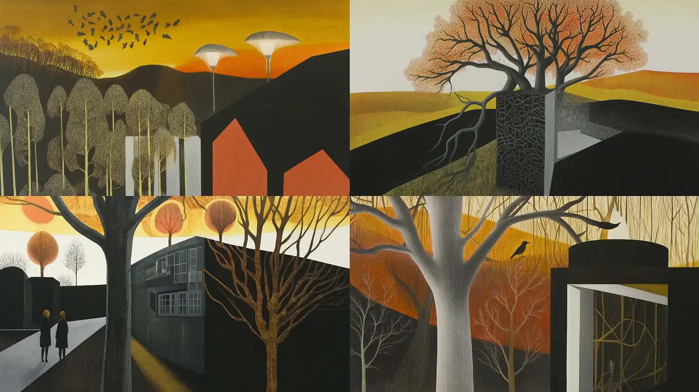 Twilight Hues and Stylized Nature: A Contemporary Fusion of Color and Form - Midjourney sref style
