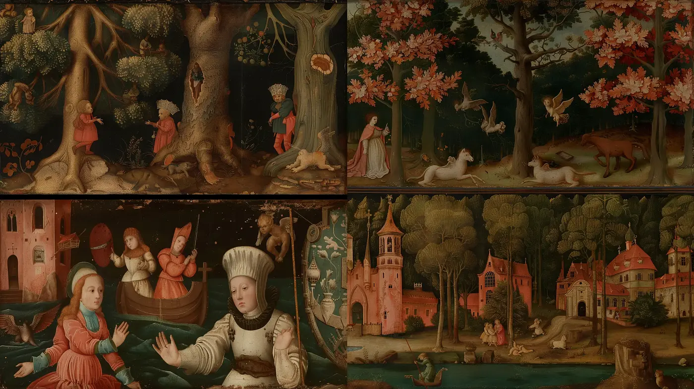 Epochal Tapestry: A Harmonious Blend of Medieval Artistry and Enchanted Gardens - Midjourney sref style