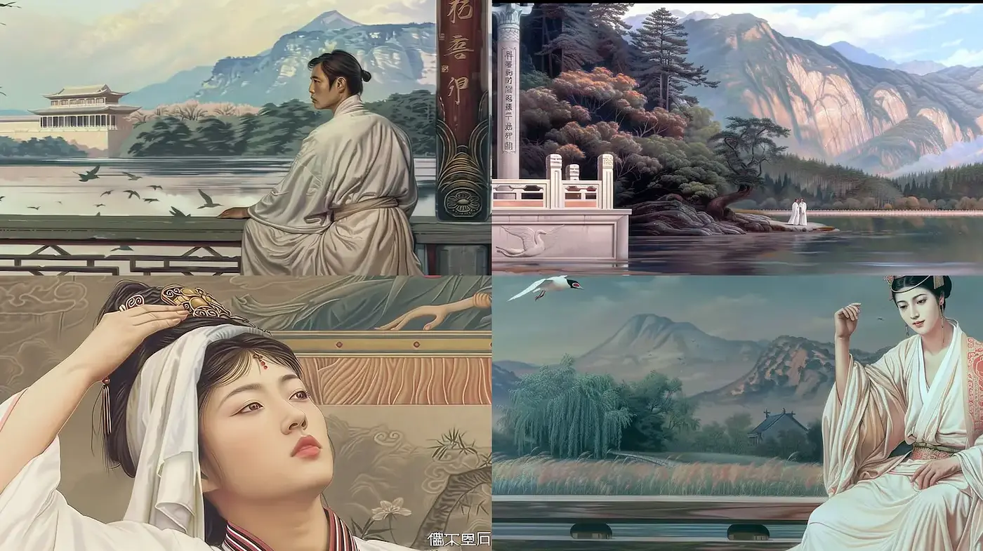 Serene East Asian Landscape with Historical Figures in Traditional Attire - Midjourney sref style