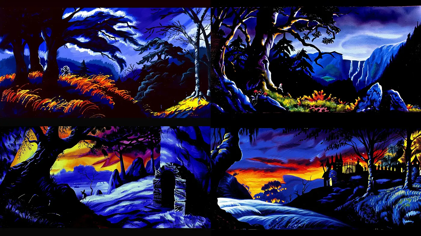 Ethereal Twilight Vistas: Stylized Nature in Dramatic Hues - Midjourney sref style