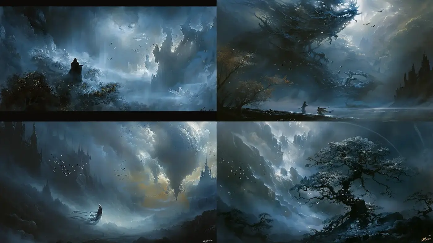 Ethereal Landscapes with Dark Fantasy Elements - Midjourney sref style