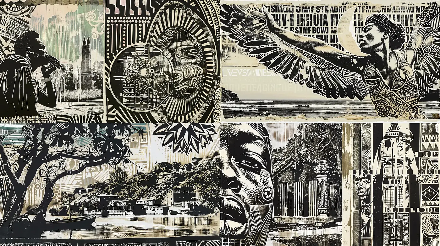 Contemporary Urban Collage with Retro Monochromatic Tones - Midjourney sref style