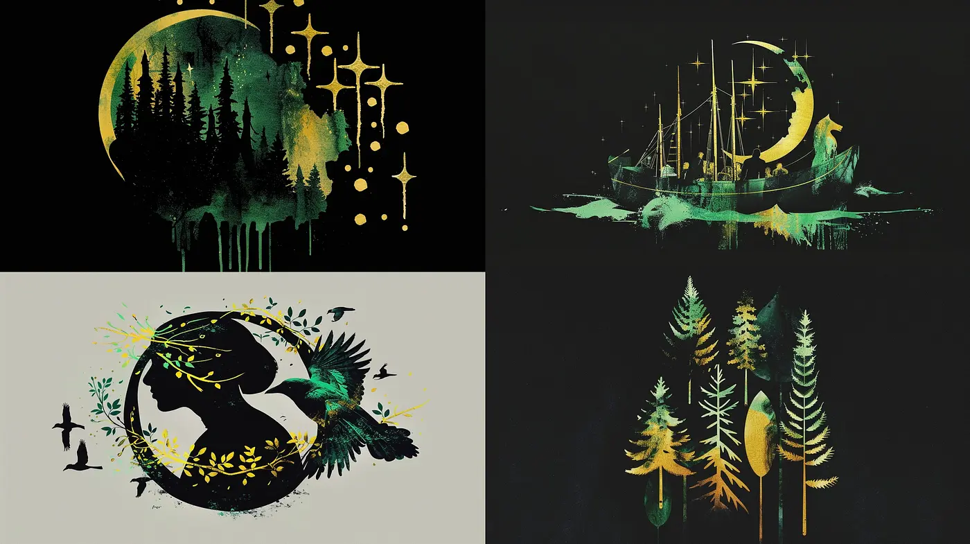 Mythic Green and Gold Panoramas: Melding Fantasy with Vibrancy - Midjourney sref style