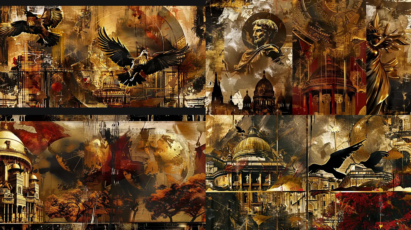 Baroque Revival with Apocalyptic Overtones in Digital Collage - Midjourney sref style