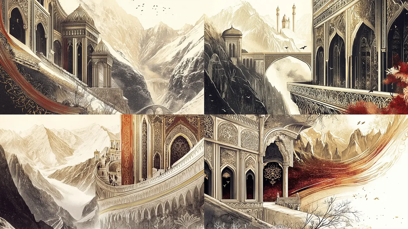 Oriental Fantasy Architecture with a Majestic Mountain Backdrop - Midjourney sref style