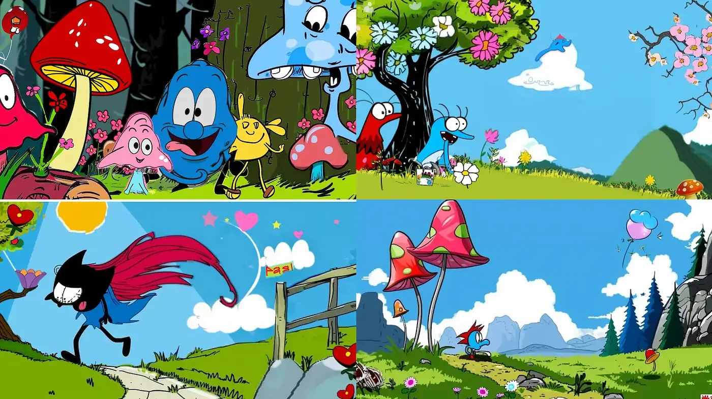 Vibrant and Whimsical Cartoon Landscape with Floral Accents - Midjourney sref style