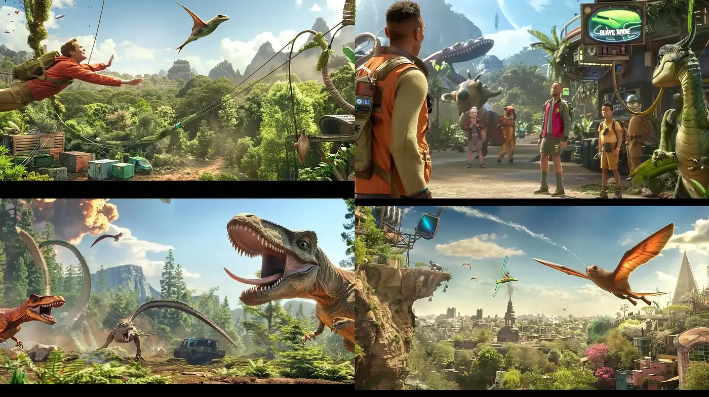 Prehistoric Renaissance: A Merged Epoch of Dinosaurs and Lush Botanical Scenery - Midjourney sref style