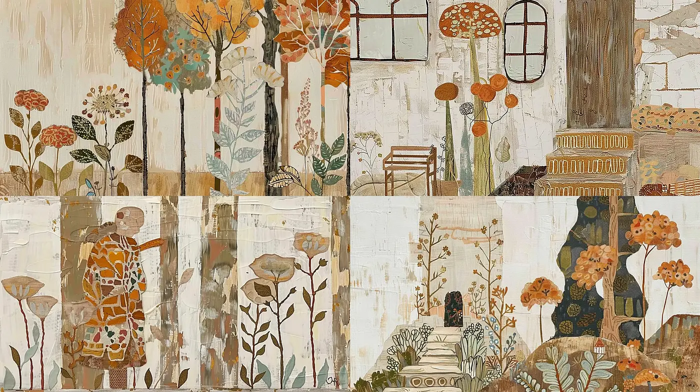 Rustic Serenity: A Collage of Earth Tones and Nature-Inspired Textures - Midjourney sref style